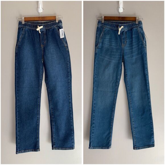 Old Navy Boys Pull On Straight Jeans 2 Pair Elastic Drawstring Denim Large 10/12 - Picture 1 of 14
